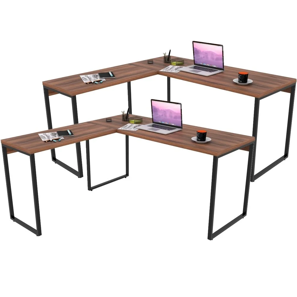 Imagem 1 de 5 do produto Kit 02 Mesas Para Escritório Home Office Estilo Industrial Em L Form C01 150x150cm Nogal - Lyam Decor