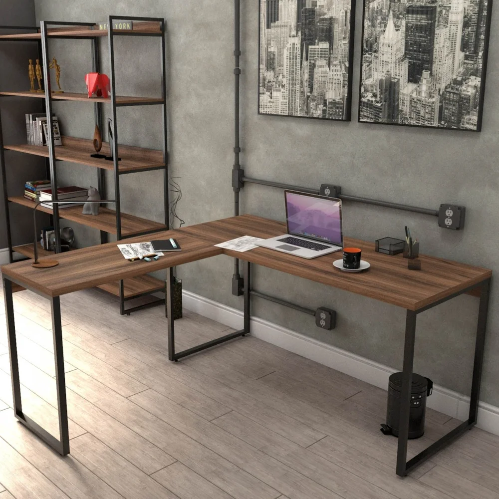 Imagem 2 de 5 do produto Kit 02 Mesas Para Escritório Home Office Estilo Industrial Em L Form C01 150x150cm Nogal - Lyam Decor