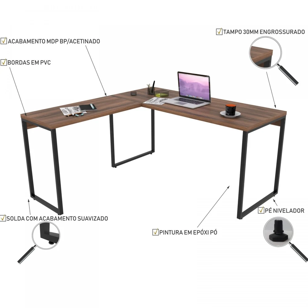 Imagem 5 de 5 do produto Kit 02 Mesas Para Escritório Home Office Estilo Industrial Em L Form C01 150x150cm Nogal - Lyam Decor