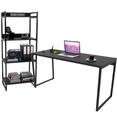 Kit Mesa Para Escritório Com Estante 4 Prateleiras Industrial Form C01 150 Cm Preto Onix - Lyam Decor