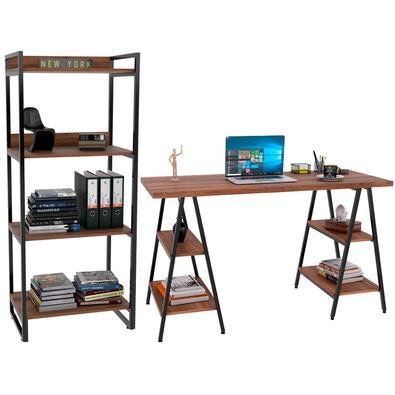 Kit Mesa Cavalete 135 Cm Com Estante 4 Prateleiras Estilo Industrial Form C01 Nogal - Lyam Decor