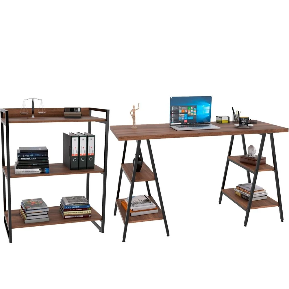 Imagem 1 de 5 do produto Kit Mesa Cavalete 150 Cm Com Estante 3 Prateleiras Estilo Industrial Form C01 Nogal - Lyam Decor