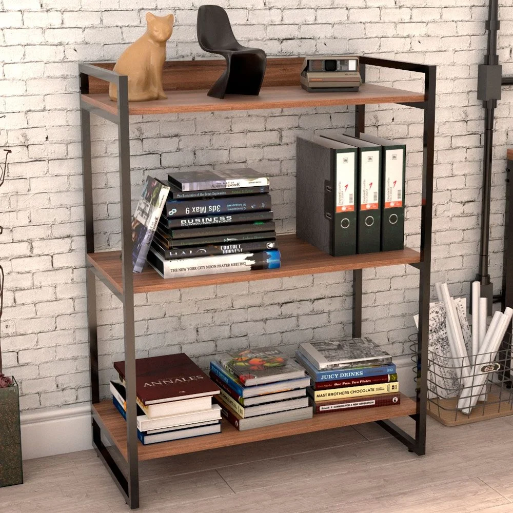 Imagem 2 de 5 do produto Kit Mesa Cavalete 150 Cm Com Estante 3 Prateleiras Estilo Industrial Form C01 Nogal - Lyam Decor