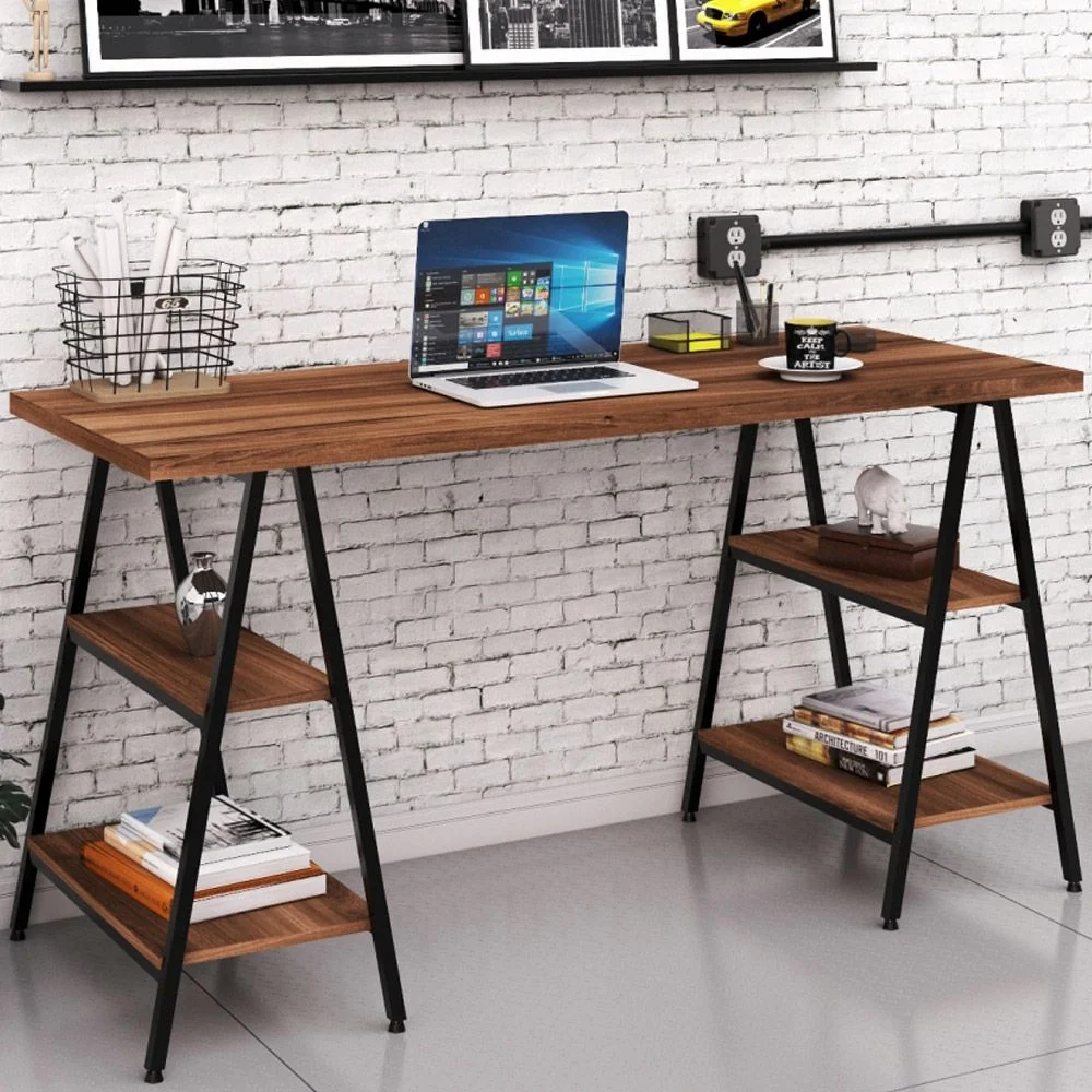 Imagem 4 de 5 do produto Kit Mesa Cavalete 150 Cm Com Estante 3 Prateleiras Estilo Industrial Form C01 Nogal - Lyam Decor