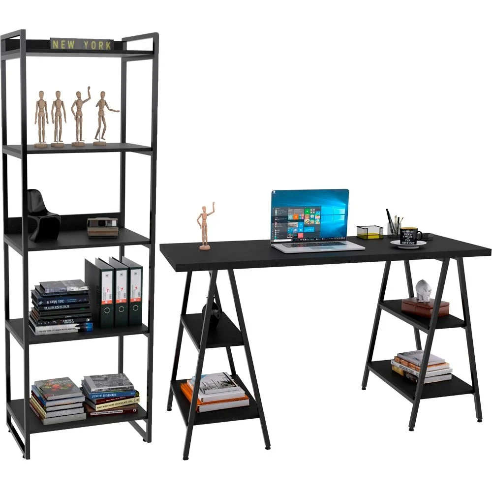 Kit Mesa Cavalete 135 Cm Com Estante 5 Prateleiras Estilo Industrial Form C01 Preto Onix - Lyam Decor