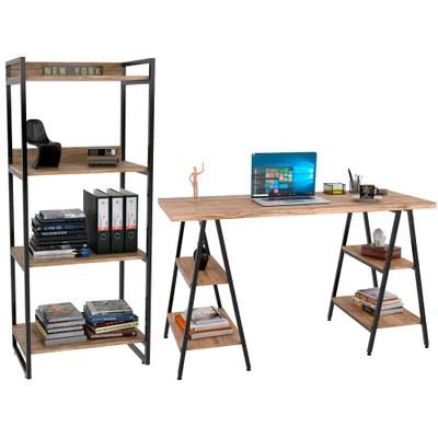 Kit Mesa Cavalete 135 Cm Com Estante 4 Prateleiras Estilo Industrial Form C01 Carvalho - Lyam Decor