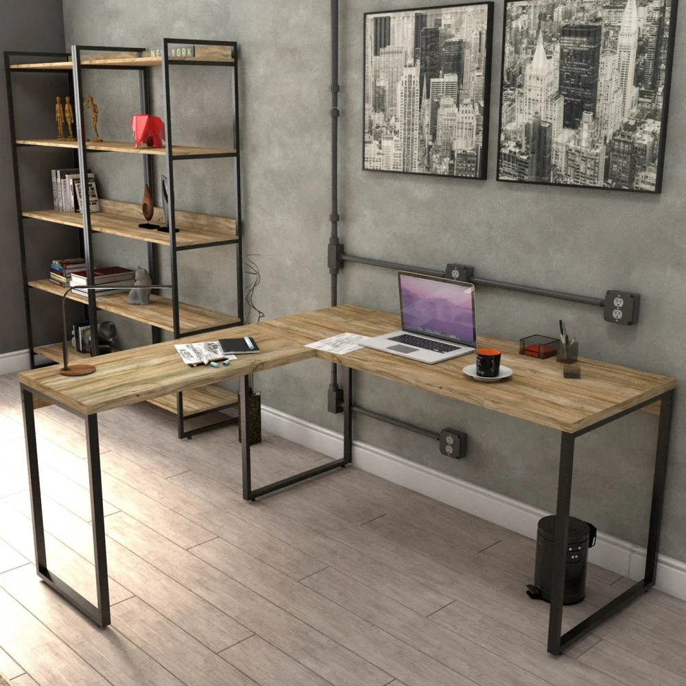 Imagem 1 de 5 do produto Mesa Para Escritório Home Office Estilo Industrial Em L Form C01 150x150cm Carvalho - Lyam Decor