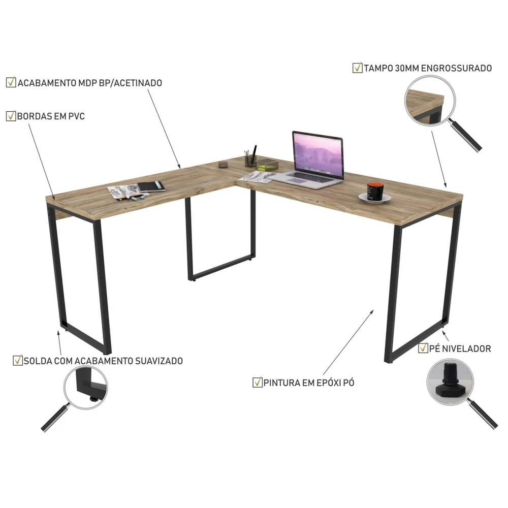 Imagem 2 de 5 do produto Mesa Para Escritório Home Office Estilo Industrial Em L Form C01 150x150cm Carvalho - Lyam Decor