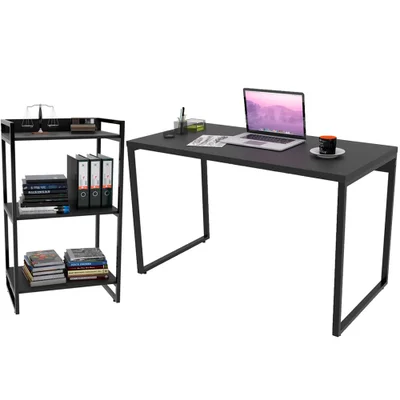 Kit Mesa Para Escritório Com Estante Office Estilo Industrial Form C01 120 Cm Preto Onix - Lyam Decor