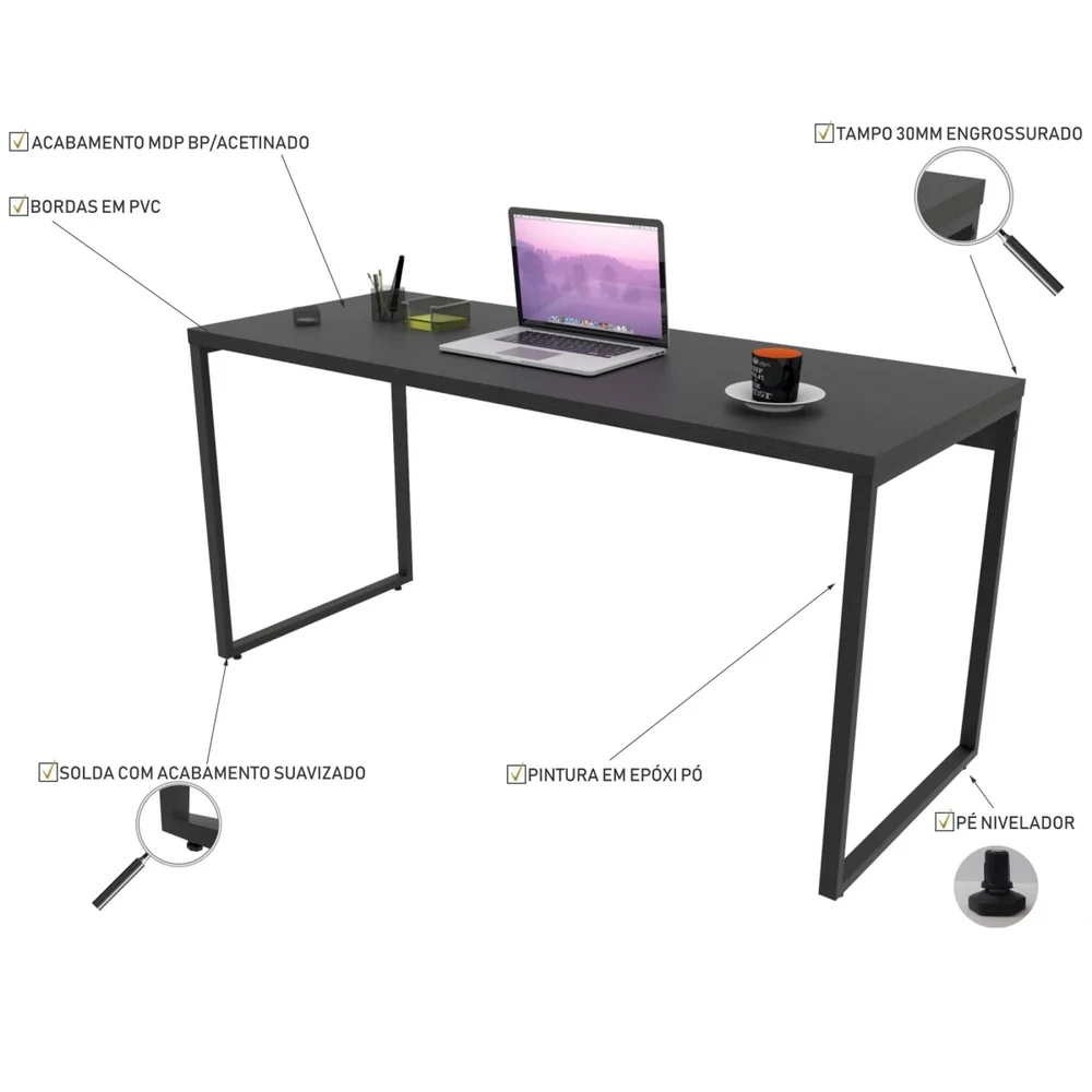 Imagem 2 de 5 do produto Mesa Para Escritório Lyam Decor Home Office Estilo Industrial Form C01 150 Cm Preto Onix