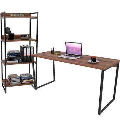 Kit Mesa Lyam Decor Para Escritório Com Estante 4 Prateleiras Industrial Form C01 150 Cm Nogal