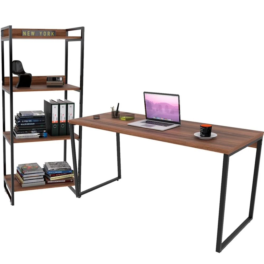 Imagem 1 de 5 do produto Kit Mesa Lyam Decor Para Escritório Com Estante 4 Prateleiras Industrial Form C01 150 Cm Nogal