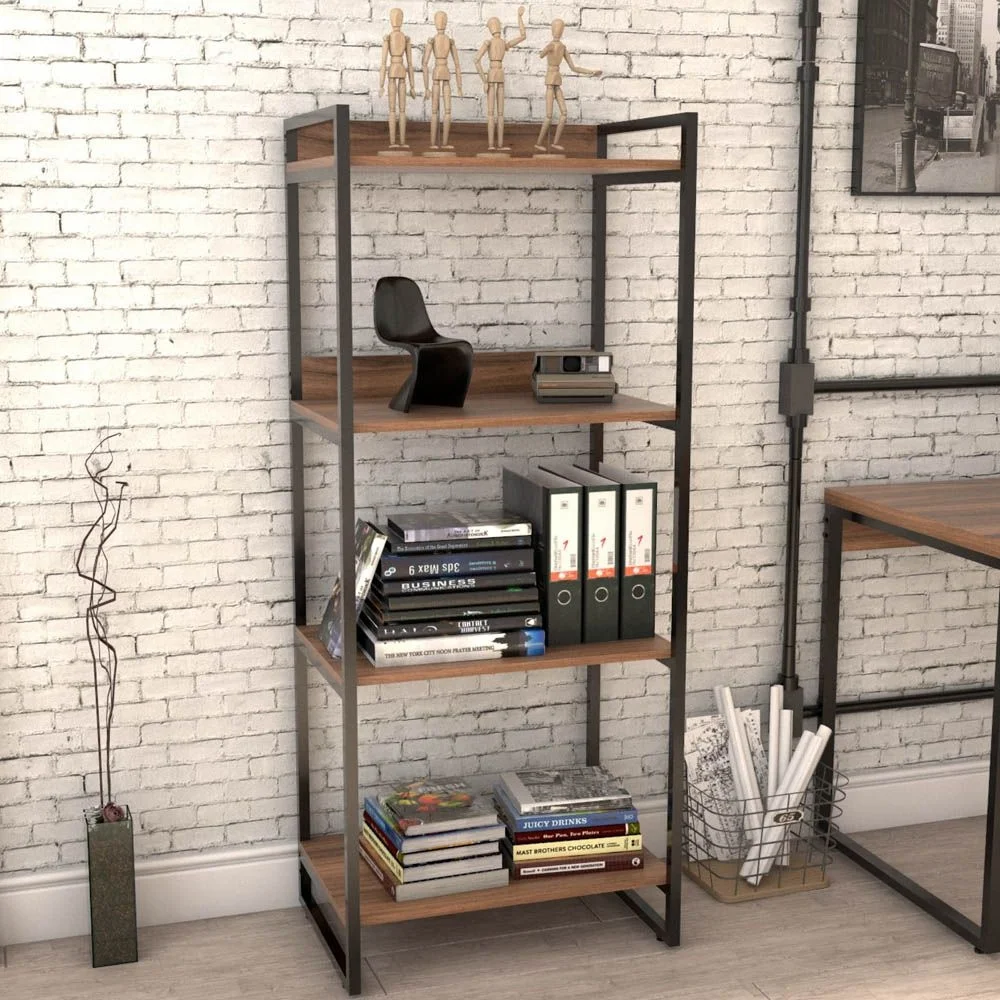 Imagem 3 de 5 do produto Kit Mesa Lyam Decor Para Escritório Com Estante 4 Prateleiras Industrial Form C01 150 Cm Nogal