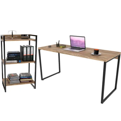 Kit Mesa Para Escritório Com Estante Office Estilo Industrial Form C01 150 Cm Carvalho - Lyam Decor