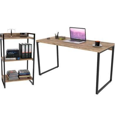Kit Mesa Para Escritório Com Estante Office Estilo Industrial Form C01 135 Cm Carvalho - Lyam Decor