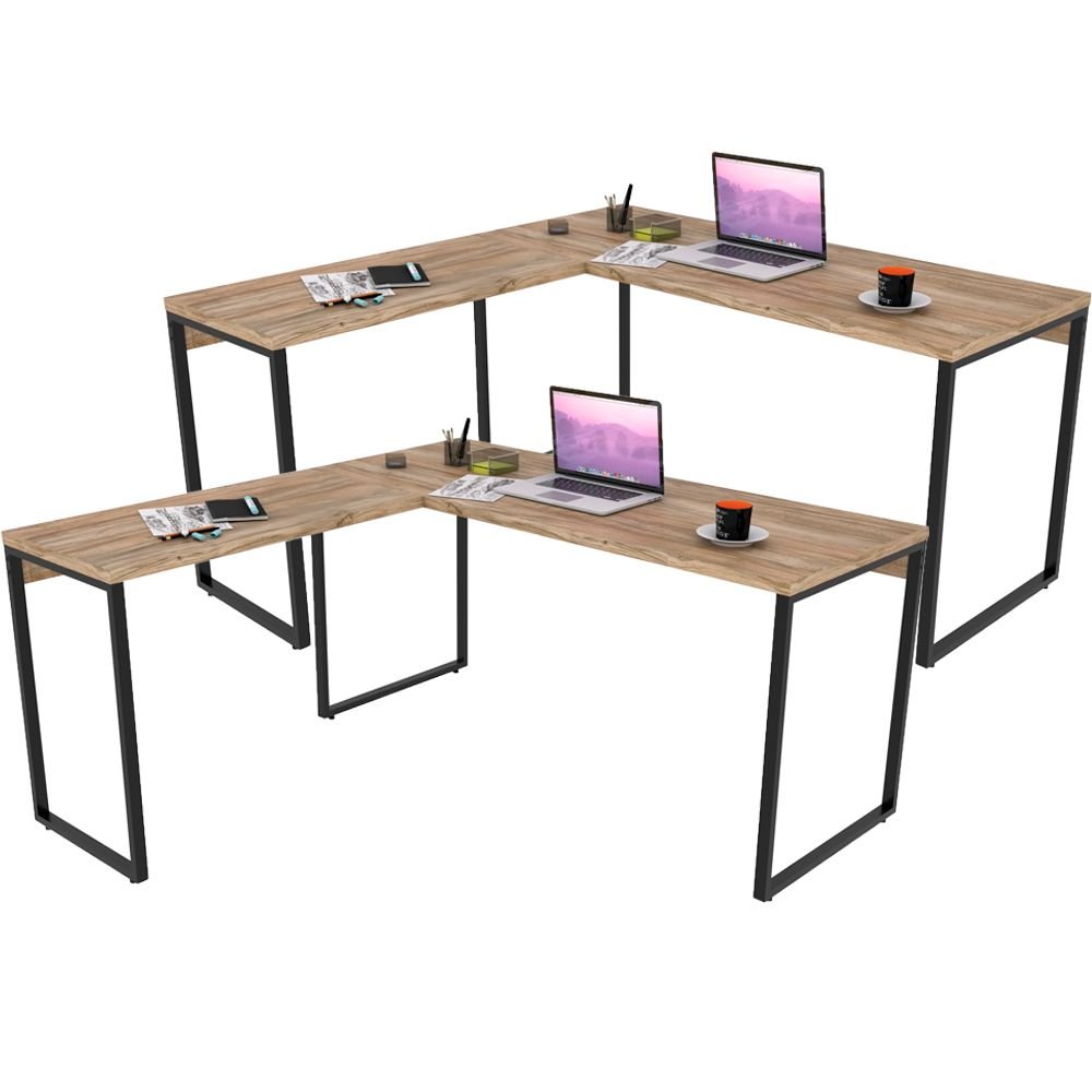 Kit 02 Mesas Para Escritório Home Office Estilo Industrial Em L Form C01 150x150cm Carvalho - Lyam Decor