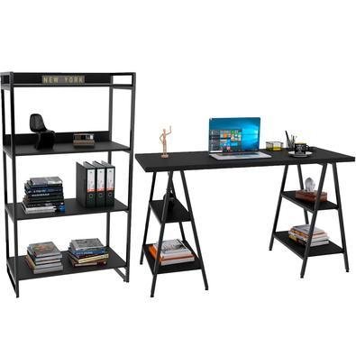 Kit Mesa Cavalete 150 Cm Com Estante 4 Prateleiras Estilo Industrial Form C01 Preto Onix - Lyam Decor