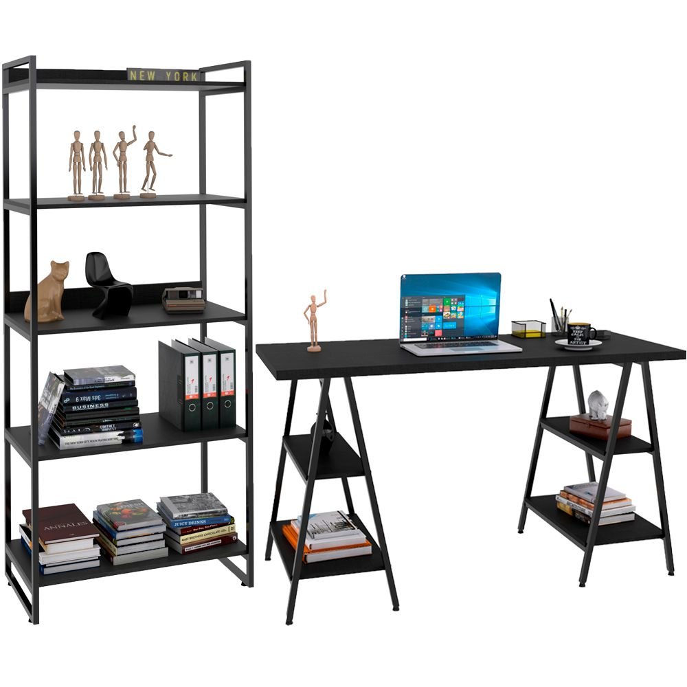 Kit Mesa Cavalete 150 Cm Com Estante 5 Prateleiras Estilo Industrial Form C01 Preto Onix - Lyam Decor