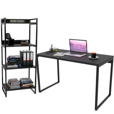 Kit Mesa Para Escritório Com Estante 4 Prateleiras Industrial Form C01 120 Cm Preto Onix - Lyam Decor