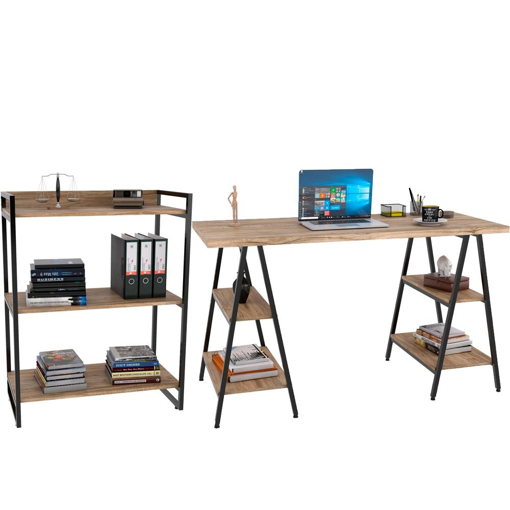 Kit Mesa Cavalete 150 Cm Com Estante 3 Prateleiras Estilo Industrial Form C01 Carvalho - Lyam Decor