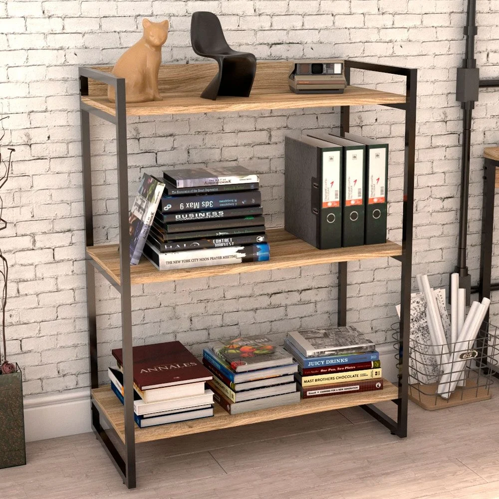 Imagem 2 de 5 do produto Kit Mesa Cavalete 150 Cm Com Estante 3 Prateleiras Estilo Industrial Form C01 Carvalho - Lyam Decor
