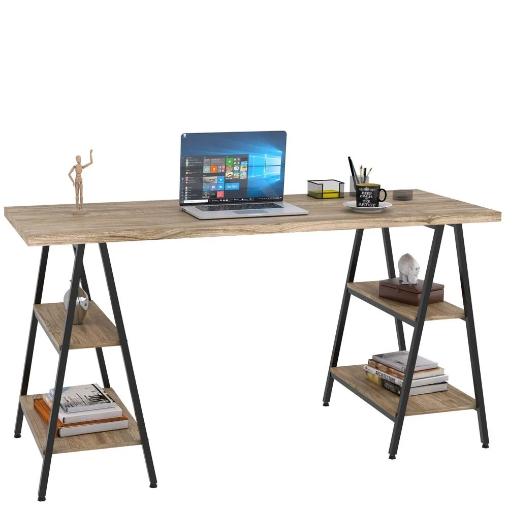Imagem 3 de 5 do produto Kit Mesa Cavalete 150 Cm Com Estante 3 Prateleiras Estilo Industrial Form C01 Carvalho - Lyam Decor