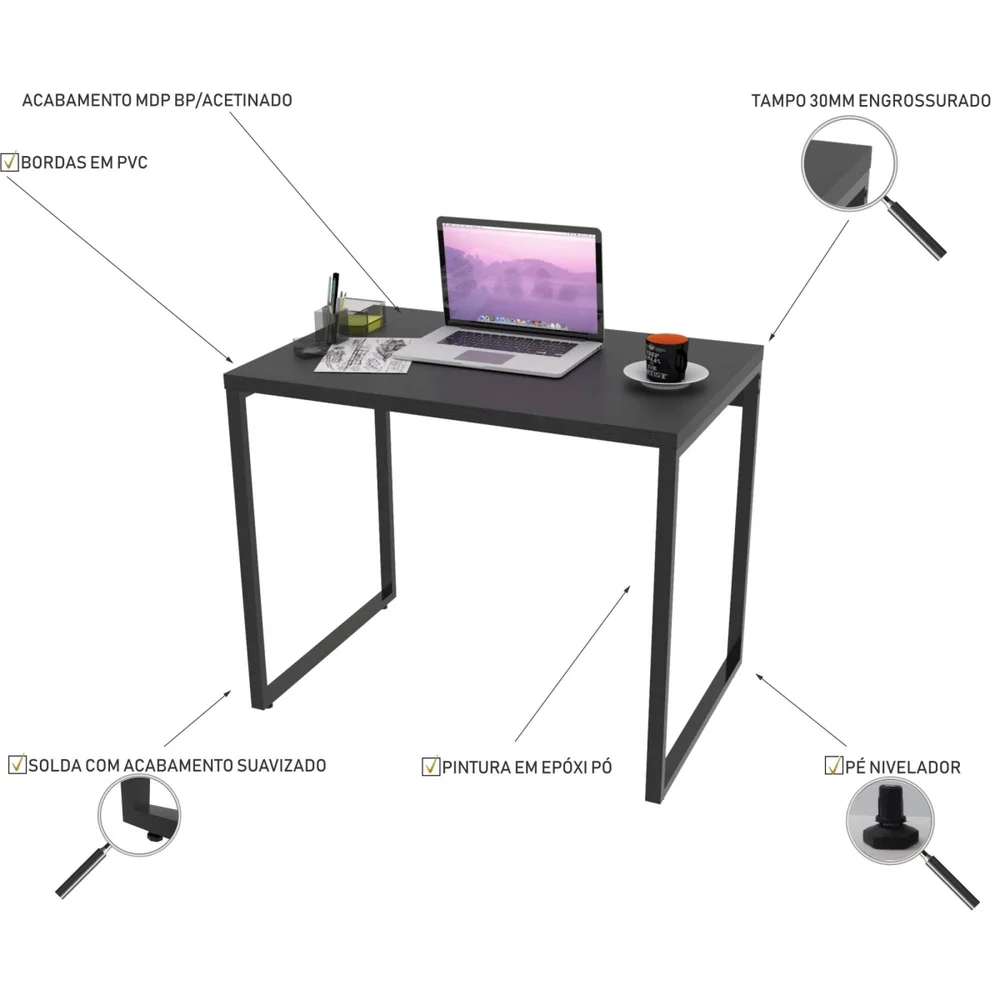 Imagem 2 de 5 do produto Mesa Para Escritório Home Office Estilo Industrial Form C01 90 Cm Preto Onix - Lyam Decor