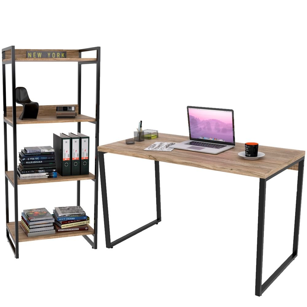 Kit Mesa Para Escritório Com Estante 4 Prateleiras Industrial Form C01 120 Cm Carvalho - Lyam Decor