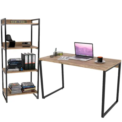 Kit Mesa Para Escritório Com Estante 4 Prateleiras Industrial Form C01 120 Cm Carvalho - Lyam Decor