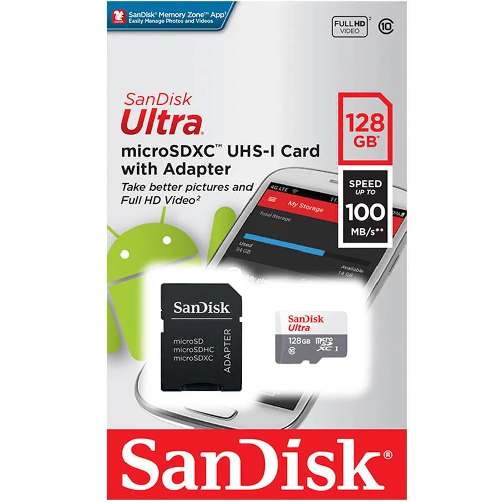 Cartão De Memória SanDisk, 128GB, MicroSD Classe 10, 100MB/s Ultra - Sdsqunr-128g-Gn3ma Cartão De Memória SanDisk, 128GB, MicroSD Classe 10, 100MB/s Ultra - Sdsqunr-128g-Gn3ma