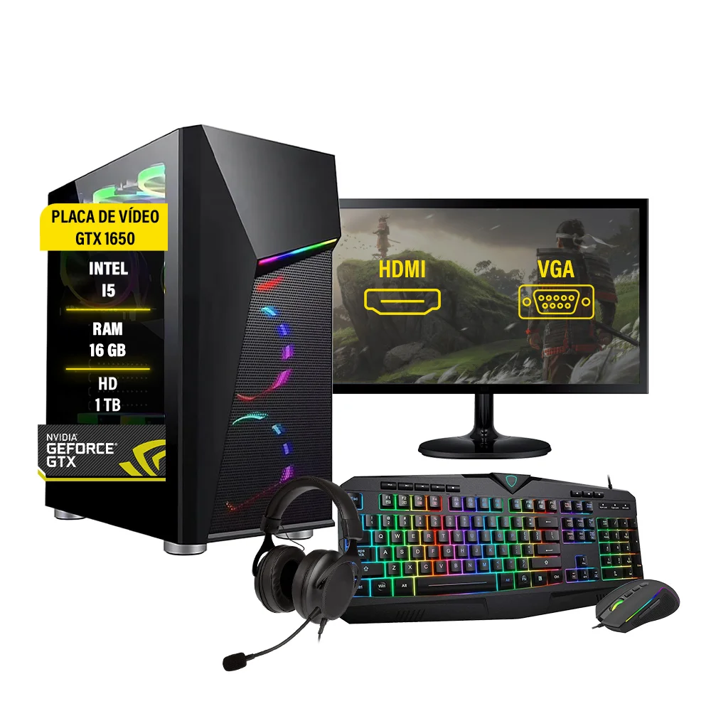 Pc Gamer Completo, I5 10° Memória 16GB, DDR4, GTX 1650, HD 1TB, SSD480GB, Fonte 750w