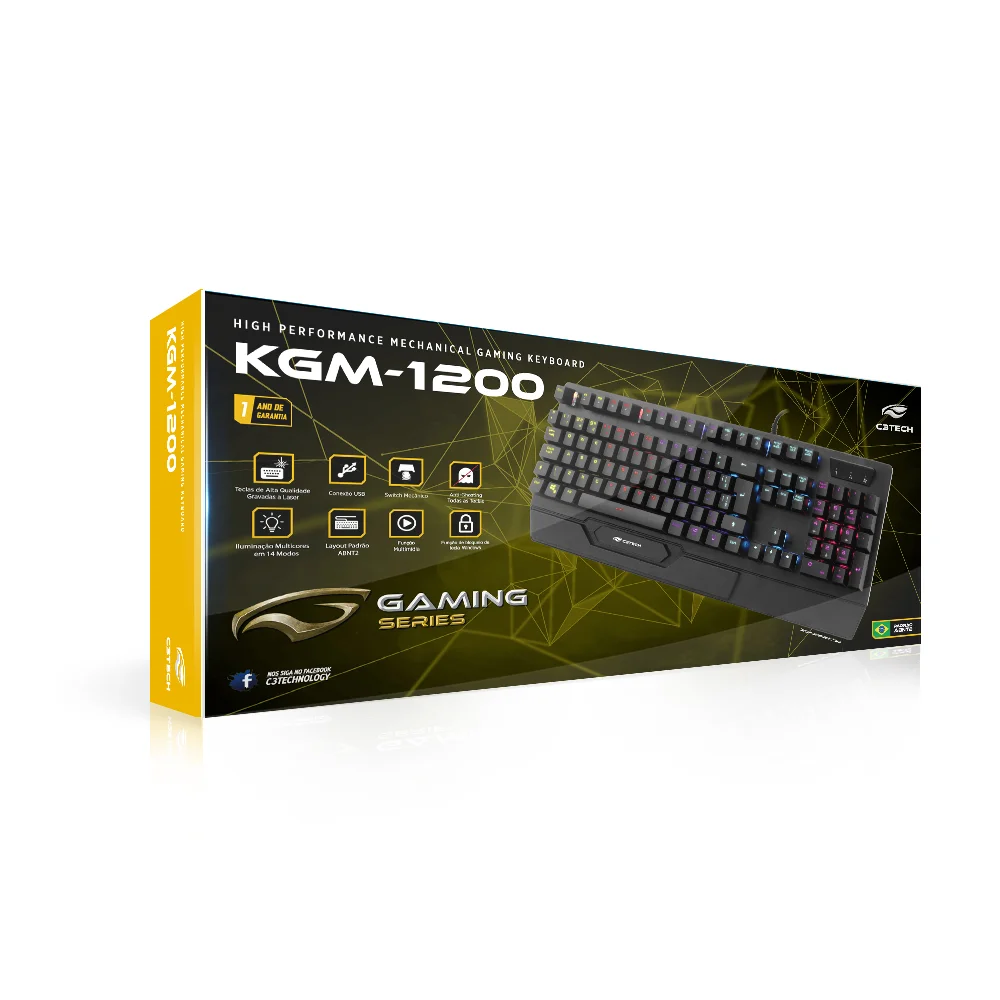 Teclado Mecânico Gamer C3tech KGM-1200BK, LED RGB, Switch Blue, Anti-Ghosting, Apoio de punho, ABNT2 Teclado Mecânico Gamer C3tech KGM-1200BK, LED RGB, Switch Blue, Anti-Ghosting, Apoio de punho, ABNT2