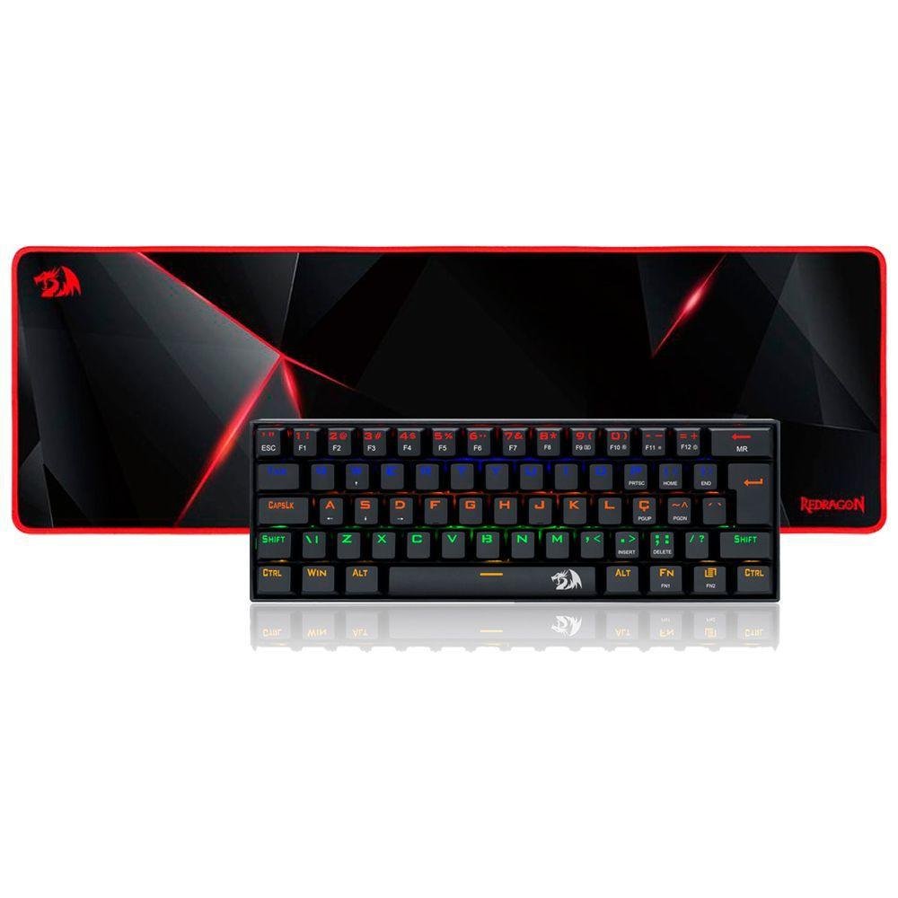Kit Gamer Bt Teclado Gamer Redragon Mecanico Lakshmi, Preto, Led Rainbow, Switch Azul, K606 R E Mousepad Gamer Redragon Aquarius, Speed, Extra Grande (930x300mm) P015.