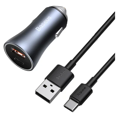 Carregador Veicular Turbo 40w Baseus Usb + Tipo C + Cabo 1m