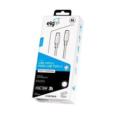 Cabo Usb Tipo-c Para Usb Tipo-c, Carga Rápida 15w 3a, 2 Metros, Branco, Tc2tc2m, Elg