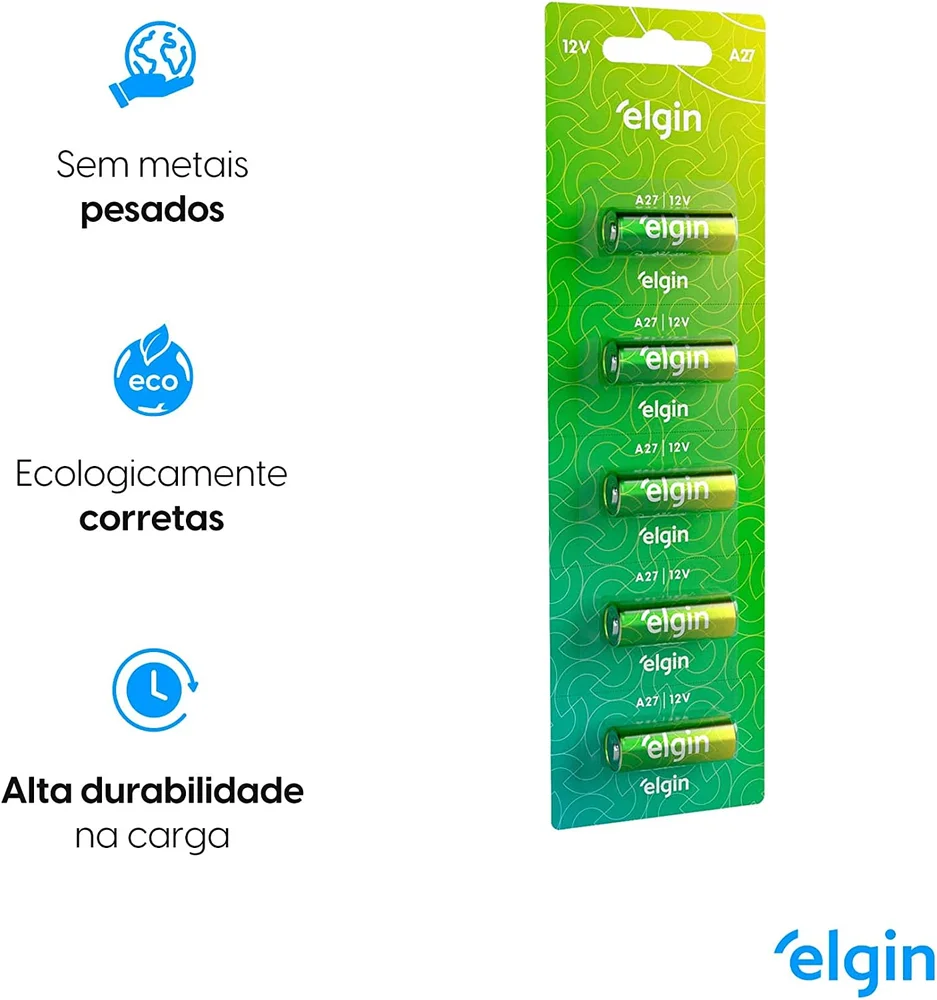 Bateria Elgin Alcalina Energy Modelo A27 12v Cartela C/5 Uni Bateria Elgin Alcalina Energy Modelo A27 12v Cartela C/5 Uni