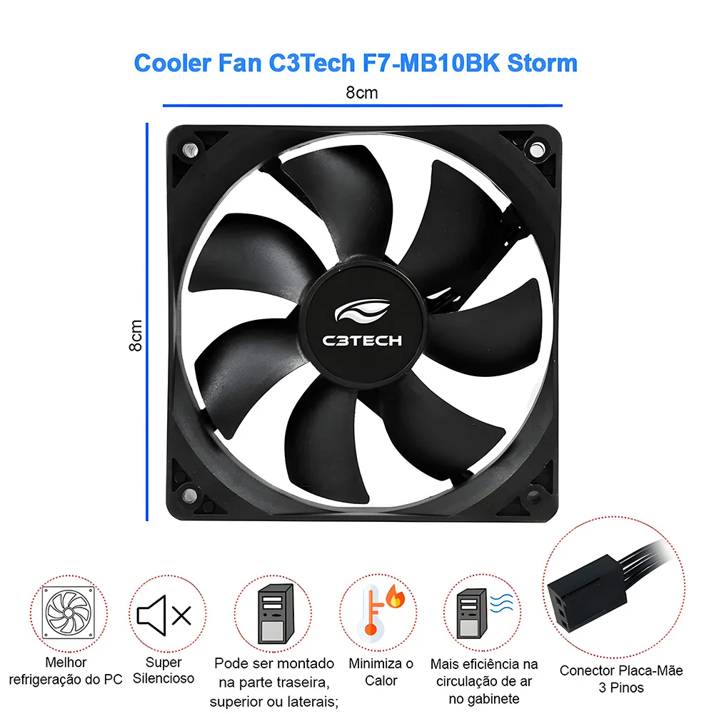 Cooler FAN C3Tech, 80x80x20.5mm, 3 Pinos, Preto - F7-MB10BK 8