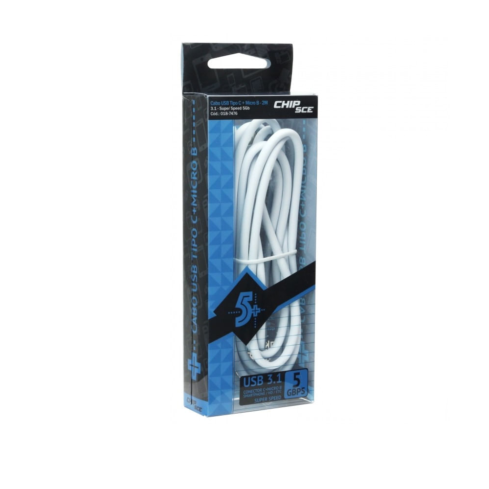 Cabo Usb Tipo C + Micro B Para Smartphones, Hd s, Tablet s, Macbook E Chromebook - Usb 3.1 Super Speed 5gbps- 2 Metros - Chip Sce 5+ 018-7476