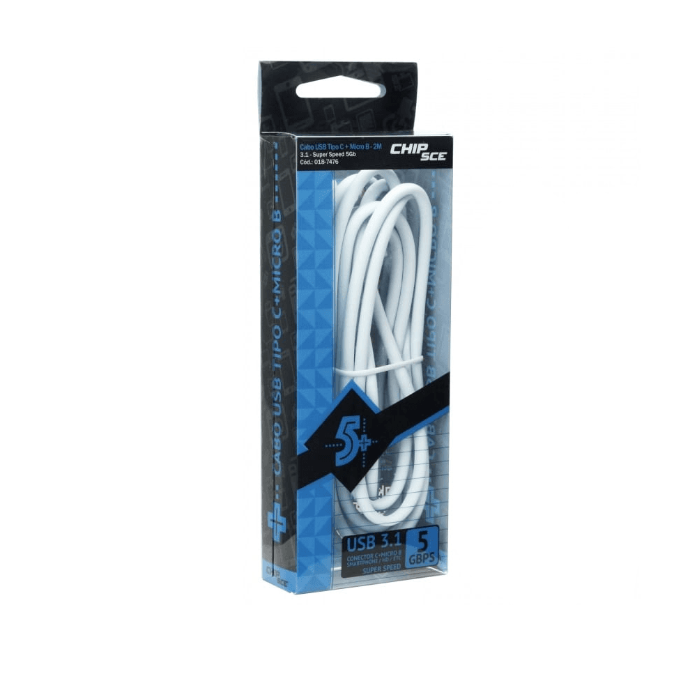 Imagem 1 de 1 do produto Cabo Usb Tipo C + Micro B Para Smartphones, Hd s, Tablet s, Macbook E Chromebook - Usb 3.1 Super Speed 5gbps- 2 Metros - Chip Sce 5+ 018-7476