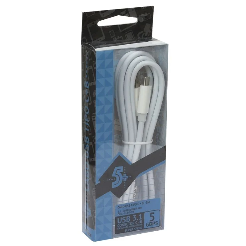 Imagem 2 de 2 do produto Cabo USB-C 3.1 + USB B Macho Pix, 5 Gbps, 2M, Branco - 018-7475
