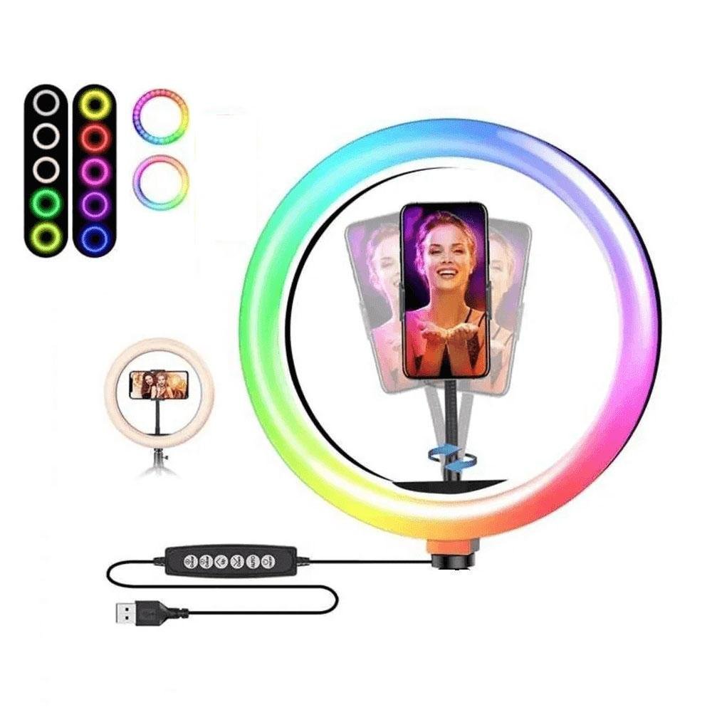 Imagem 4 de 4 do produto Kit Completo Anel De Luz Led Com Tripé E Suporte Para Celular Ring Light 26cm Rgb 10 Polegadas