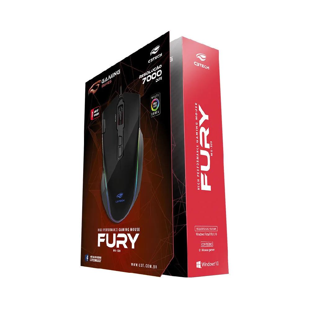 Imagem 2 de 4 do produto Mouse Gamer C3tech Fury Mg-520bk Usb 8 Botões 7200 Dpi RGB Preto