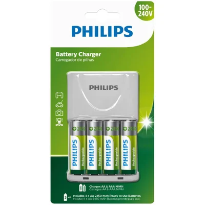 Carregador De Pilhas Philips Aa/aaa Com 4 Pilhas Aa De 2500mah Scb2445nb/59