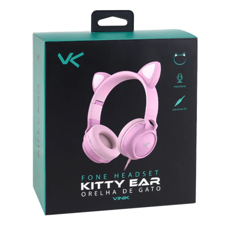 Imagem 4 de 5 do produto Fone De Ouvido Headset Kitty Ear - Orelha De Gato Rosa Com Microfone Cabo 1.2m Plug P2 Estereo P3 - Ke120r