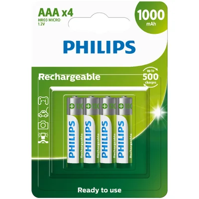 Pilha Recarregável AAA Philips, 4 Unidades, 1000mAh - R03B4RTU10/59