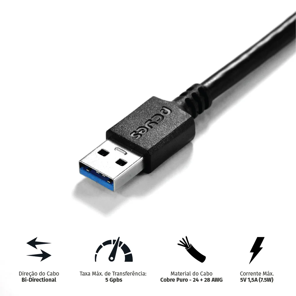 Imagem 5 de 5 do produto Cabo USB A 3.0 Macho Para USB B 3.0 Macho, PCYES 28awg, Para Impressora E HD Externo, Puro Cobre, 3M - Puabm3-3