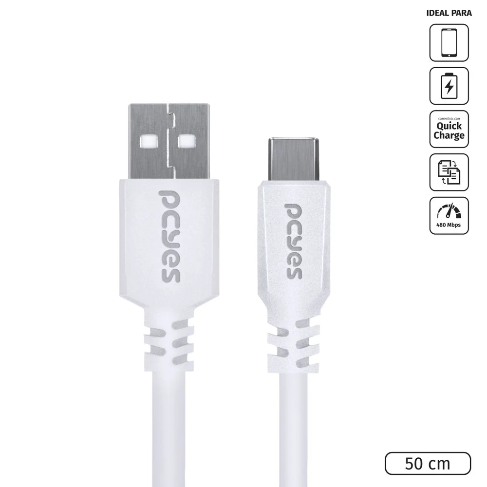 Imagem 2 de 5 do produto Cabo USB A 2.0  Para USB-C, Para Smartphone, 50cm, Branco - PUACB-05