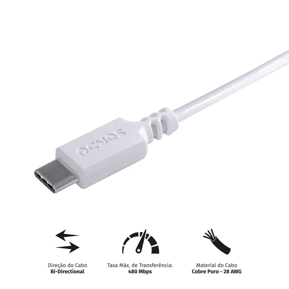 Imagem 3 de 5 do produto Cabo USB A 2.0  Para USB-C, Para Smartphone, 50cm, Branco - PUACB-05