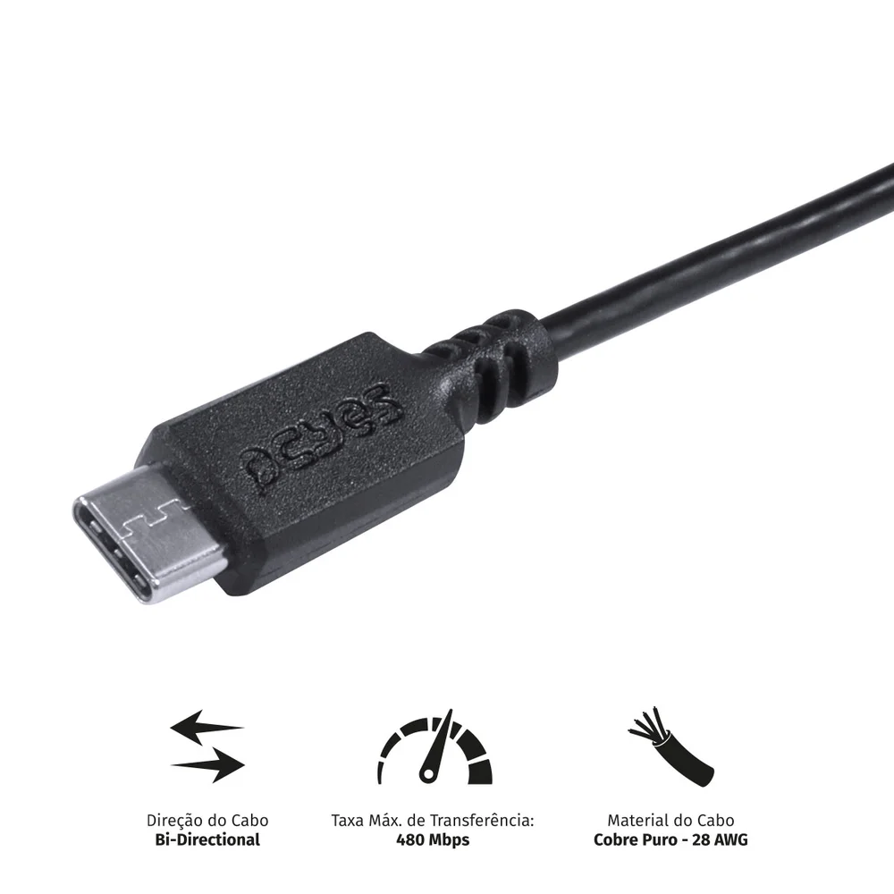 Imagem 5 de 5 do produto Cabo Usb A 2.0 Para Usb Tipo C Para Celular Smartphone 50cm Preto - Puacp-05
