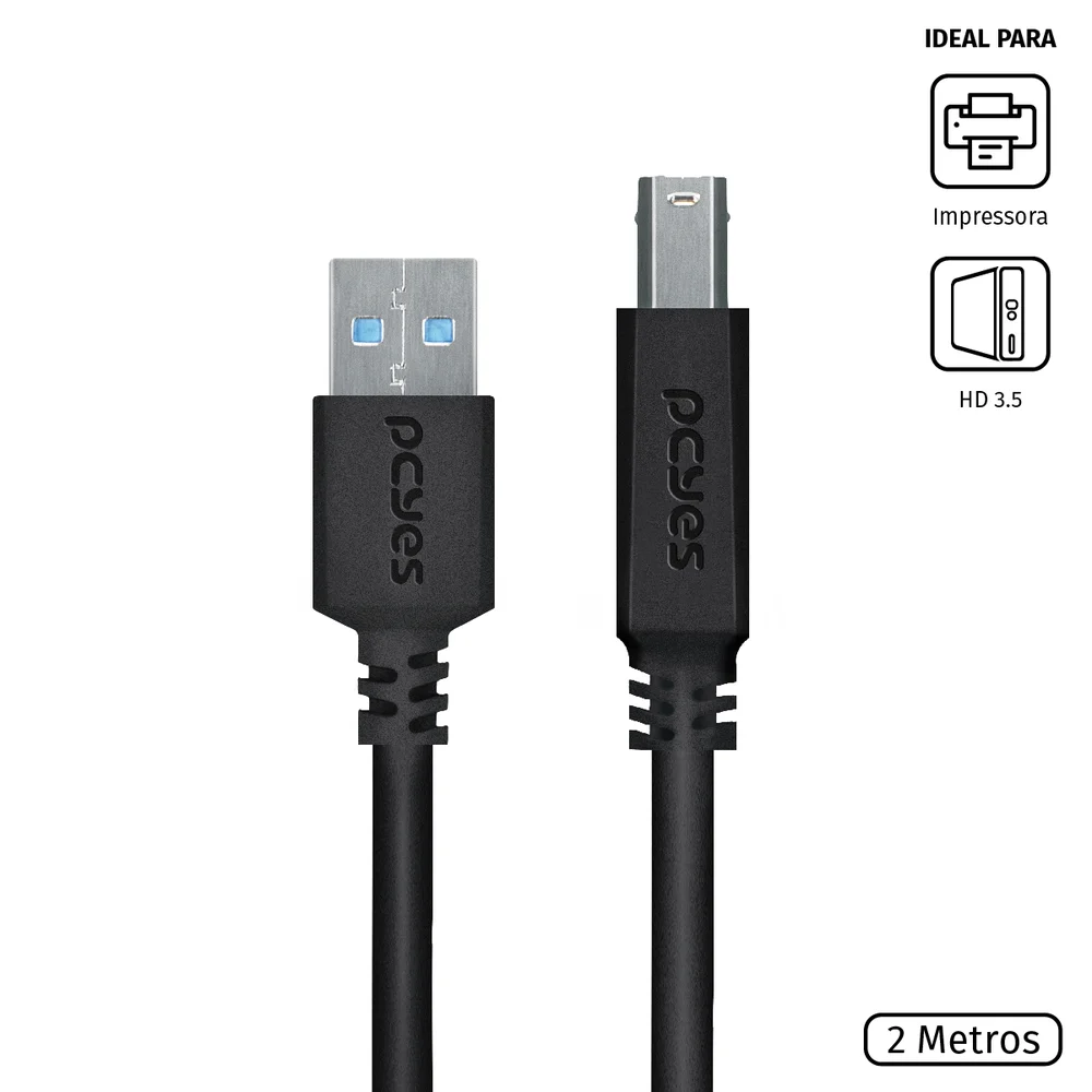 Imagem 2 de 5 do produto Cabo USB A 3.0 Para USB B 3.0 PCYES 28awg, Para Impressora E HD Externo, Puro Cobre, 2M - Puabm3-2